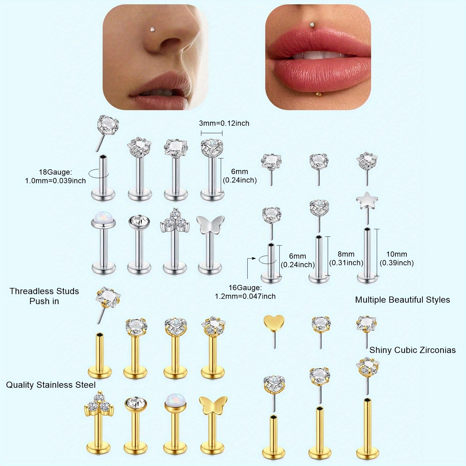 16G 18G Push in Threadless Nos - Body Jewelry Threadless 评论和价格